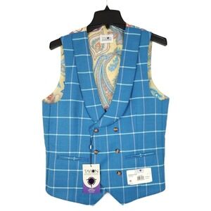 Tayion Classic-Fit Stretch Wool Blend Suit Vest Blue/Cream Windowpane Small NWT